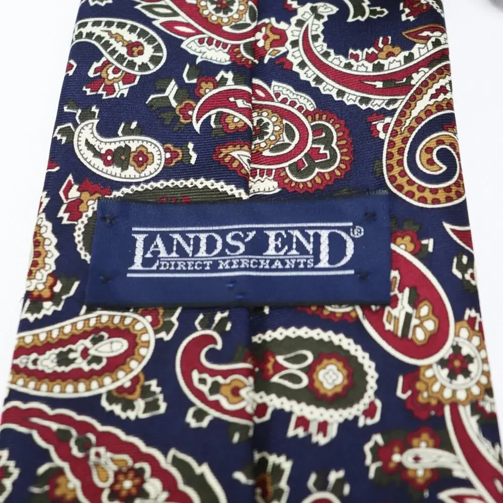 Lands End Tie Mens 58 in Blue Burgundy Cream Paisley Silk Handsewn Lined Wide